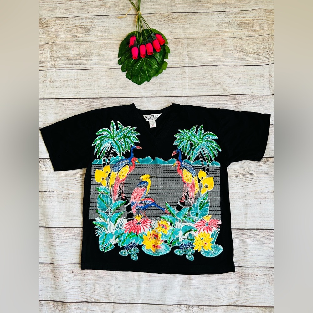 Western Connection Women’s Vintage Black Sequin Tropical Print Cotton T-Shirt M
